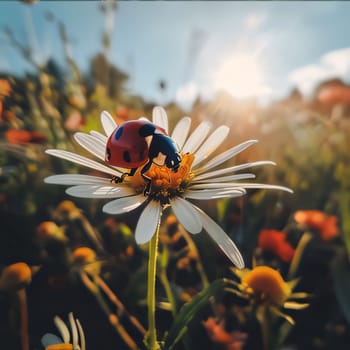 Red ladybug sitting on a white flower, smudged background sunset rays. Flowering flowers, a symbol of spring, new life. A joyful time of nature awakening to life.