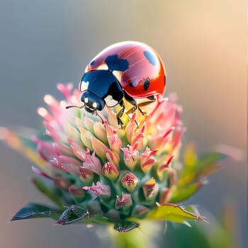Red ladybug sitting on a flower, smudged background sunset rays. Close-up view. Flowering flowers, a symbol of spring, new life. A joyful time of nature awakening to life.