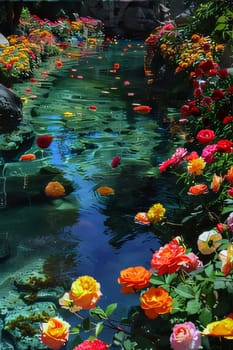 A flowing stream with pink flowers all around growing flower beds. Flowering flowers, a symbol of spring, new life. A joyful time of nature awakening to life.