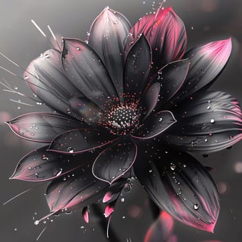 Illustration Black flower with petals and drops of dew, rain on a dark background. Flowering flowers, a symbol of spring, new life. A joyful time of nature awakening to life.