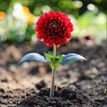 Red Dahlia planted in the ground on a smudged background. Flowering flowers, a symbol of spring, new life. A joyful time of nature awakening to life.