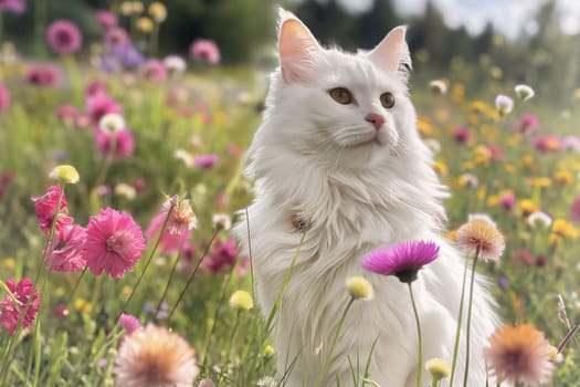 White cat sitting in the middle of colorful flowers in the garden. Flowering flowers, a symbol of spring, new life. A joyful time of nature awakening to life.