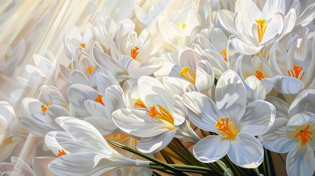 White flower and illustration of falling sun rays. Flowering flowers, a symbol of spring, new life. A joyful time of nature awakening to life.