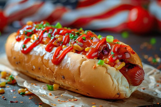 An American hot dog with mustard, ketchup and sausage lies on craft paper. USA flag on a blurred background.