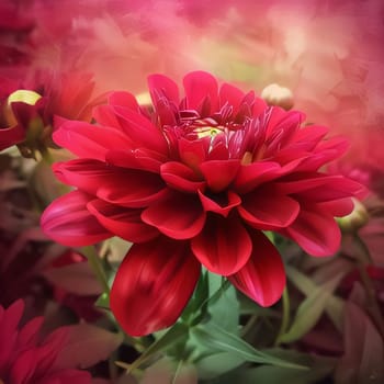 Illustration of a red flower with petals in close-up. Flowering flowers, a symbol of spring, new life. A joyful time of nature awakening to life.