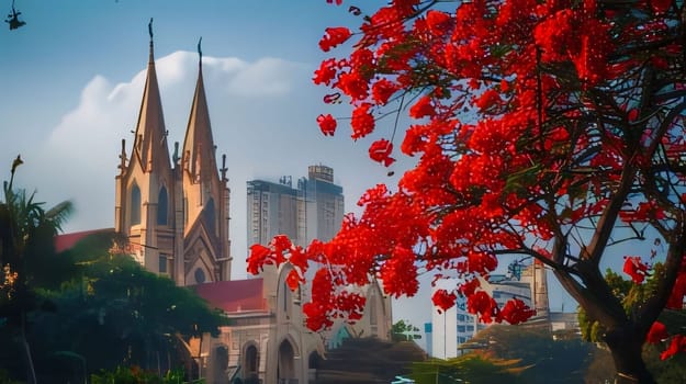 Red flowers on a tree in the background green of the tree and a tall cathedral. Flowering flowers, a symbol of spring, new life. A joyful time of nature awakening to life.