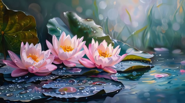 Illustration of pink and white water lilies, green leaves and raindrops, dew, water, falling rays of light. Flowering flowers, a symbol of spring, new life. A joyful time of nature awakening to life.