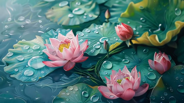 Illustration of pink and white water lilies, green leaves and raindrops, dew, water, falling rays of light. Flowering flowers, a symbol of spring, new life. A joyful time of nature awakening to life.