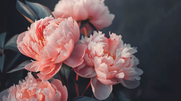 Pink flowers with green leaves and mist in the background. Flowering flowers, a symbol of spring, new life. A joyful time of nature awakening to life.