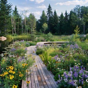 A wooden platform, all around colorful flowers, green trees, a pond with water lilies. Flowering flowers, a symbol of spring, new life. A joyful time of nature awakening to life.