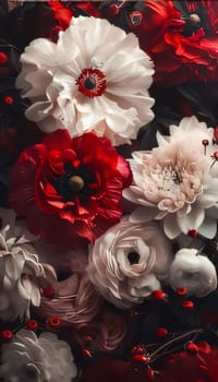 White and red flowers, bouquet, close-up view from above. Flowering flowers, a symbol of spring, new life. A joyful time of nature awakening to life.