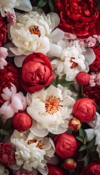 White and red flowers, bouquet, close-up view from above. Flowering flowers, a symbol of spring, new life. A joyful time of nature awakening to life.