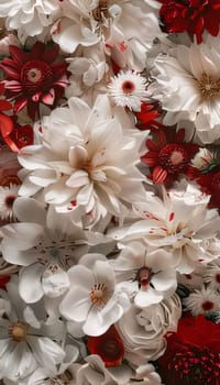 White and red flowers, bouquet, close-up view from above. Flowering flowers, a symbol of spring, new life. A joyful time of nature awakening to life.