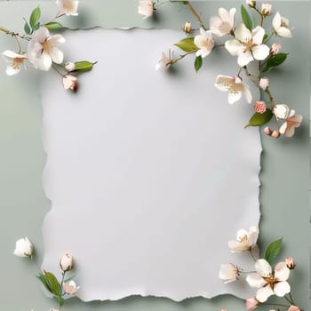 White blank card with space for your own content, around the decoration of white flowers with green leaves. Flowering flowers, a symbol of spring, new life. A joyful time of nature awakening to life.