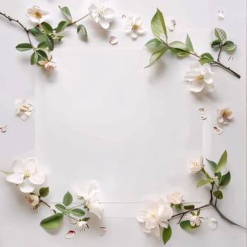 White blank card with space for your own content, around the decoration of white flowers with green leaves. Flowering flowers, a symbol of spring, new life. A joyful time of nature awakening to life.