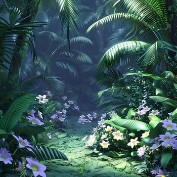 Green jungle and colorful white flowers, palm trees path. Flowering flowers, a symbol of spring, new life. A joyful time of nature awakening to life.