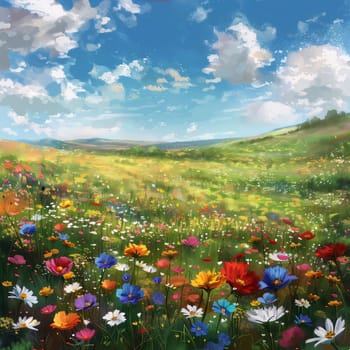 Green field full of colorful flowers in the daytime rays of the setting sun. Flowering flowers, a symbol of spring, new life. A joyful time of nature awakening to life.