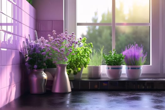 Colorful flowers in vases inside the house, window in the background. Flowering flowers, a symbol of spring, new life. A joyful time of nature awakening to life.