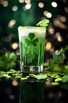 Green glass of beer with, that is, the Clover is drying, bokeh effect in the background. The green color symbol of St. Patrick's Day. A joyous time of celebration in the green color.