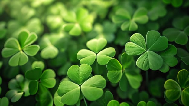 Hundreds of green three-leaf clovers, banner. The green color symbol of St. Patrick's Day. A joyous time of celebration in the green color.