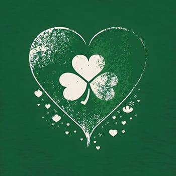 Illustration of a white three-leaf clover in a white heart on green. The green color symbol of St. Patrick's Day. A joyous time of celebration in the green color.