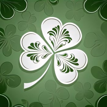 White three-leaf clover on green background with clovers. The green color symbol of St. Patrick's Day. A joyous time of celebration in the green color.