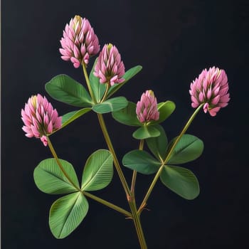 Green clover with pink flowers on a black lollipop background, branch. The green color symbol of St. Patrick's Day. A joyous time of celebration in the green color.