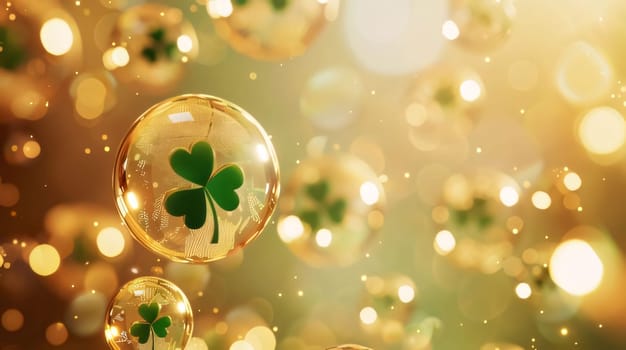 Banner, green clovers in golden air baubles, golden bokeh effect, circle of light. Space for your own content. The green color symbol of St. Patrick's Day. A joyous time of celebration in the green color.