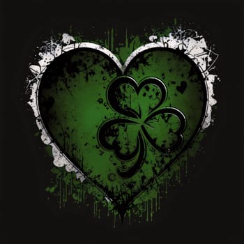 Painted with paints green white and black heart with a clover on a dark background. The green color symbol of St. Patrick's Day. A joyous time of celebration in the green color.