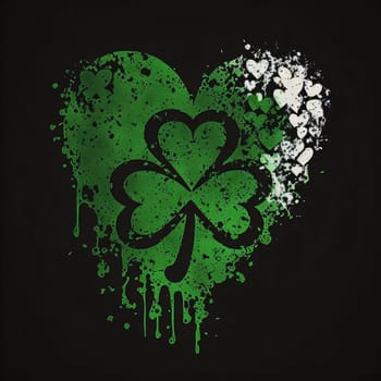 Painted with paints green white and black heart with a clover on a dark background. The green color symbol of St. Patrick's Day. A joyous time of celebration in the green color.