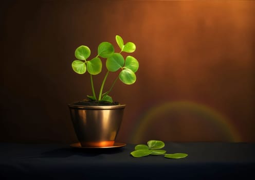Gold pot and growing in it a green clover on a brown background with a rainbow, banner space for your own content. The green color symbol of St. Patrick's Day. A joyous time of celebration in the green color.