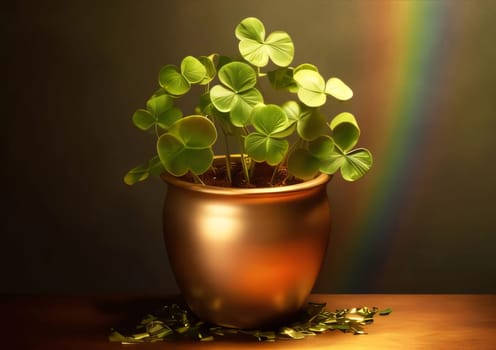 Gold pot and growing in it a green clover on a brown background with a rainbow, banner space for your own content. The green color symbol of St. Patrick's Day. A joyous time of celebration in the green color.