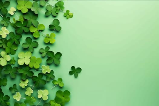 Top view of scattered four-leaf green clovers on a light background, banner space for your own content. Green four-leaf clover symbol of St. Patrick's Day. A joyous time of celebration in the green color.