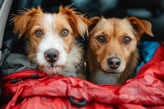 Two brown and white dogs are seated in the back of a car, looking out through the window.