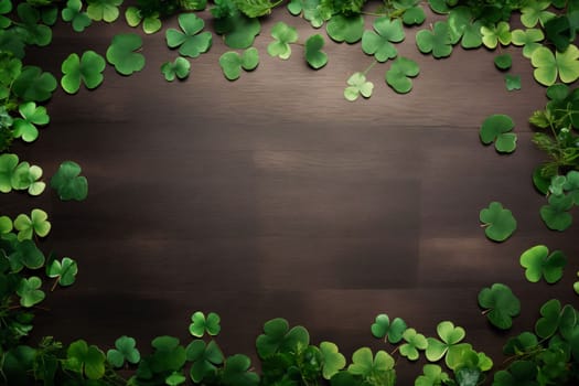Top view of scattered four-leaf green clovers on wooden background, banner space for your own content. Green four-leaf clover symbol of St. Patrick's Day. A joyous time of celebration in the green color.