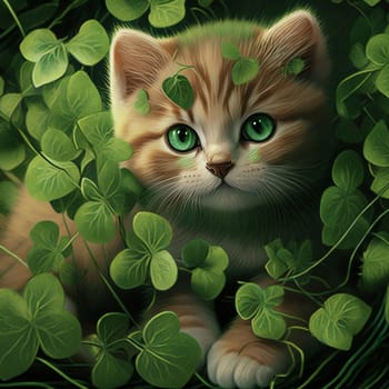 Tiny kitten around green clovers illustration. Green four-leaf clover symbol of St. Patrick's Day. A joyous time of celebration in the green color.