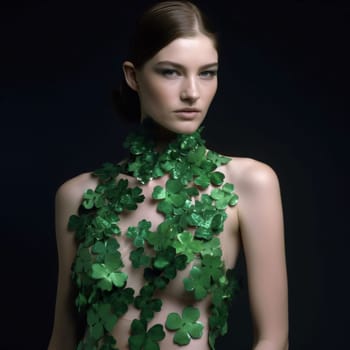 Young naked woman adorned with green limbs on black. Green four-leaf clover symbol of St. Patrick's Day. A joyous time of celebration in the green color.
