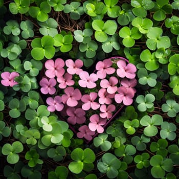Green clovers top view and pink clover heart. Green four-leaf clover symbol of St. Patrick's Day. A joyous time of celebration in the green color.