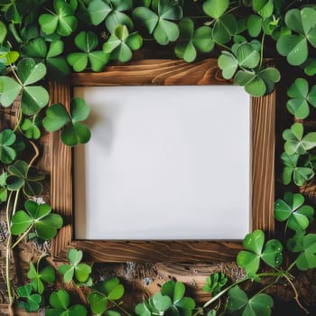 White blank card, frame with space for your own content. Green clover scattered around. Green four-leaf clover symbol of St. Patrick's Day. A joyous time of celebration in the green color.