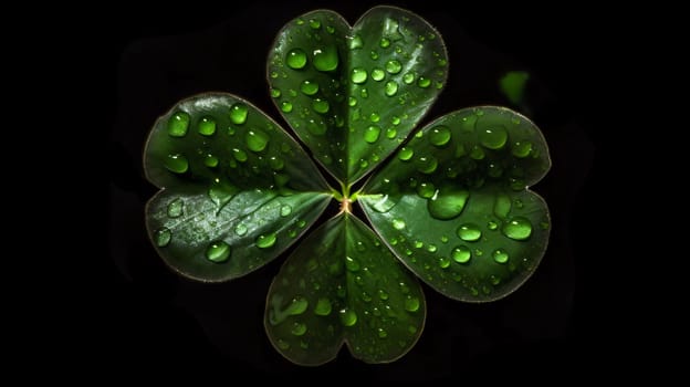 Top view of a four-leaf clover with drops of water, dew, black background. Green four-leaf clover symbol of St. Patrick's Day. A joyous time of celebration in the green color.