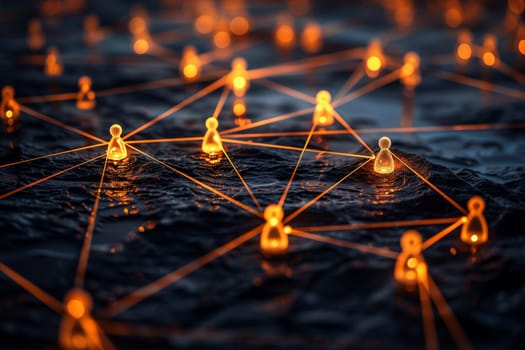 Illuminated nodes linked by orange beams form a complex network, reflecting on a dark, textured surface as dusk sets in.