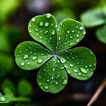An aerial view of a five-leaf clover with drops of water, dew. Green four-leaf clover symbol of St. Patrick's Day. A joyous time of celebration in the green color.