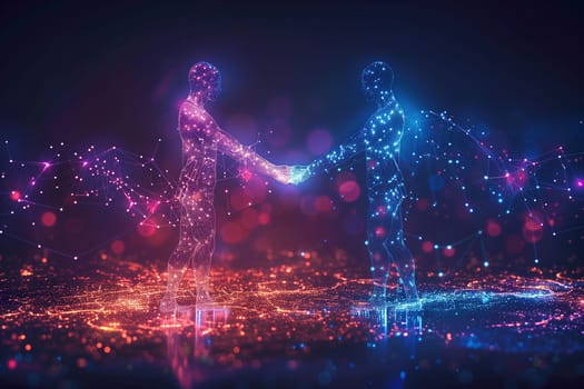 Two luminous, digital human figures exchange a handshake above a neon-lit cityscape, symbolizing virtual connectivity and partnership.