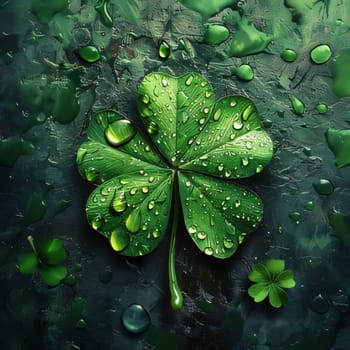 Green clover with dewdrops, rain on dark background. Green four-leaf clover symbol of St. Patrick's Day. A joyous time of celebration in the green color.