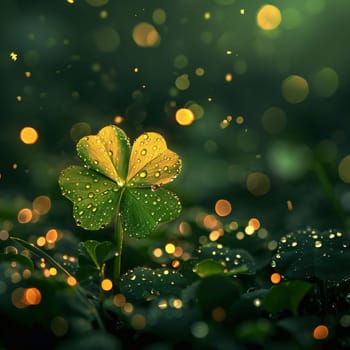 Clover growing in a field with dewdrops, rain all around bright orange light bokeh effect. Green four-leaf clover symbol of St. Patrick's Day. A joyous time of celebration in the green color.