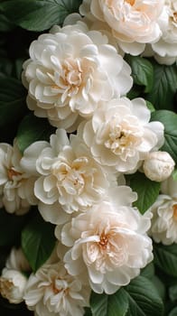 A close up of a bunch of white flowers with green leaves
