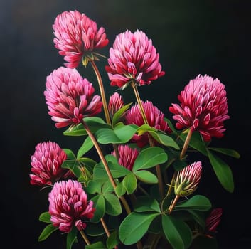 Green clover with pink flowers on a dark background. Green four-leaf clover symbol of St. Patrick's Day. A joyous time of celebration in the green color.