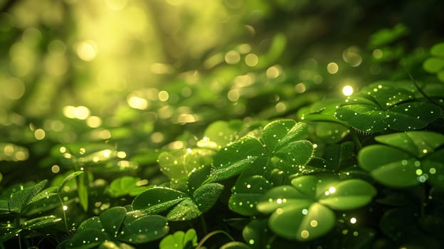 Green clovers in sunset glow with raindrops and bokeh effect. Green four-leaf clover symbol of St. Patrick's Day. A joyous time of celebration in the green color.