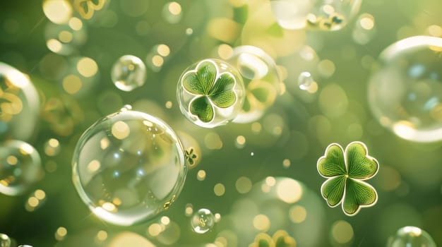 Green clovers, baubles and bokeh effect, banner. Green four-leaf clover symbol of St. Patrick's Day. A joyous time of celebration in the green color.