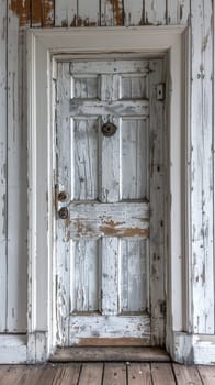 A door to a room with peeling paint and wood floors